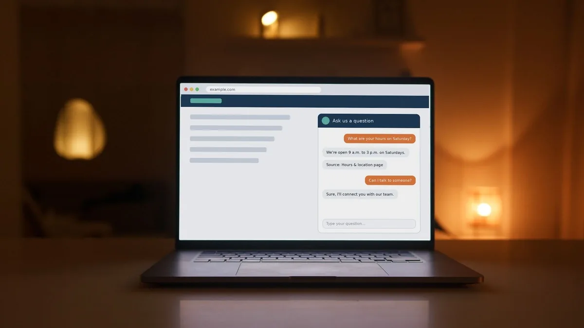 Laptop on a desk showing a generic website chat window answering a customer question