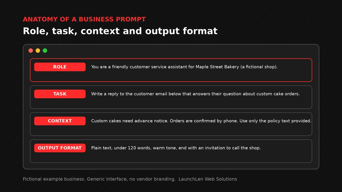 Example business prompt with role, task, context and output format