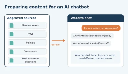 Diagram of approved service pages, FAQs, policies and documents feeding answers into a website chat window