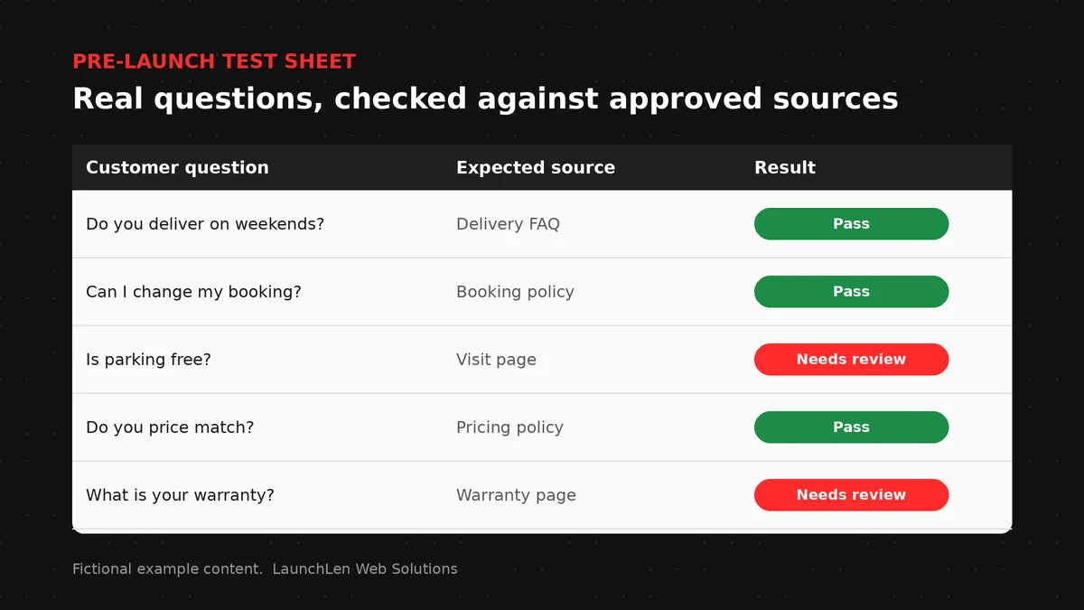 Test sheet listing real customer questions and whether the chatbot’s answers matched the approved source