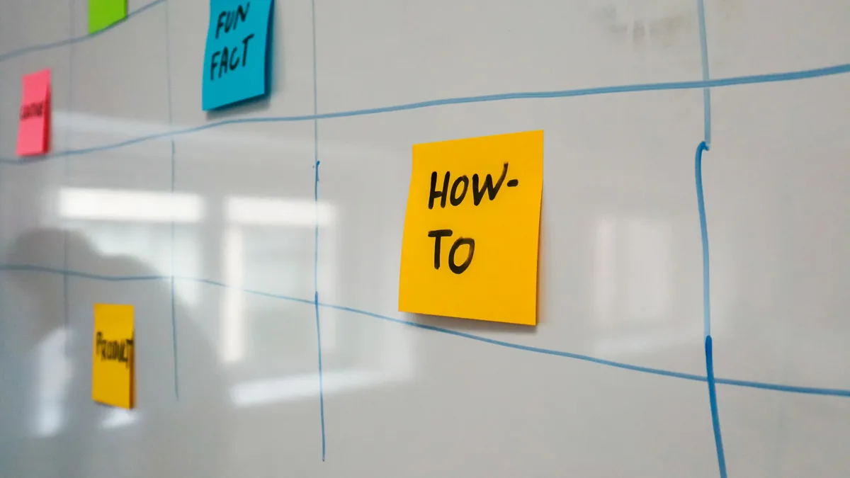 Planning board with colourful sticky notes on a whiteboard