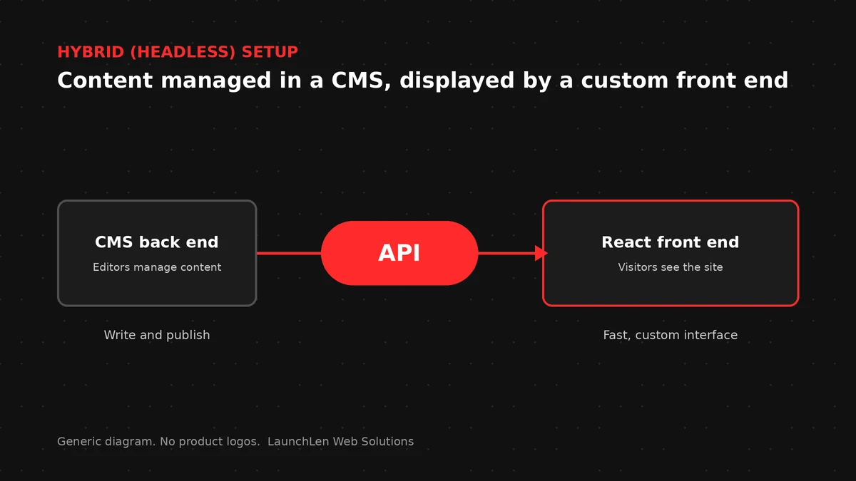Diagram of a hybrid setup where WordPress stores content and a React front end displays it
