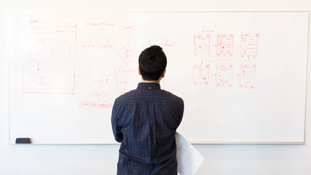 Person reviewing a technology plan drawn as a flowchart on a whiteboard