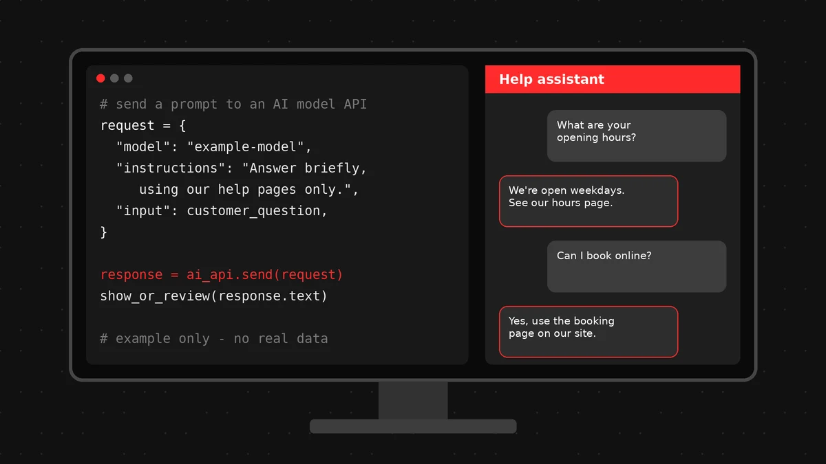 Developer’s monitor showing code that sends a prompt to an AI model API beside a chat window