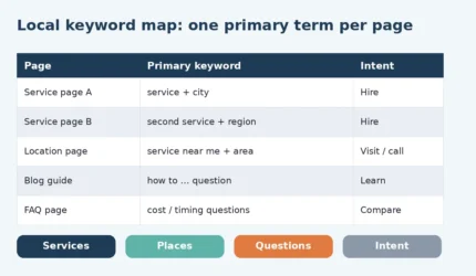 Keyword map table assigning one local primary keyword and search intent to each page