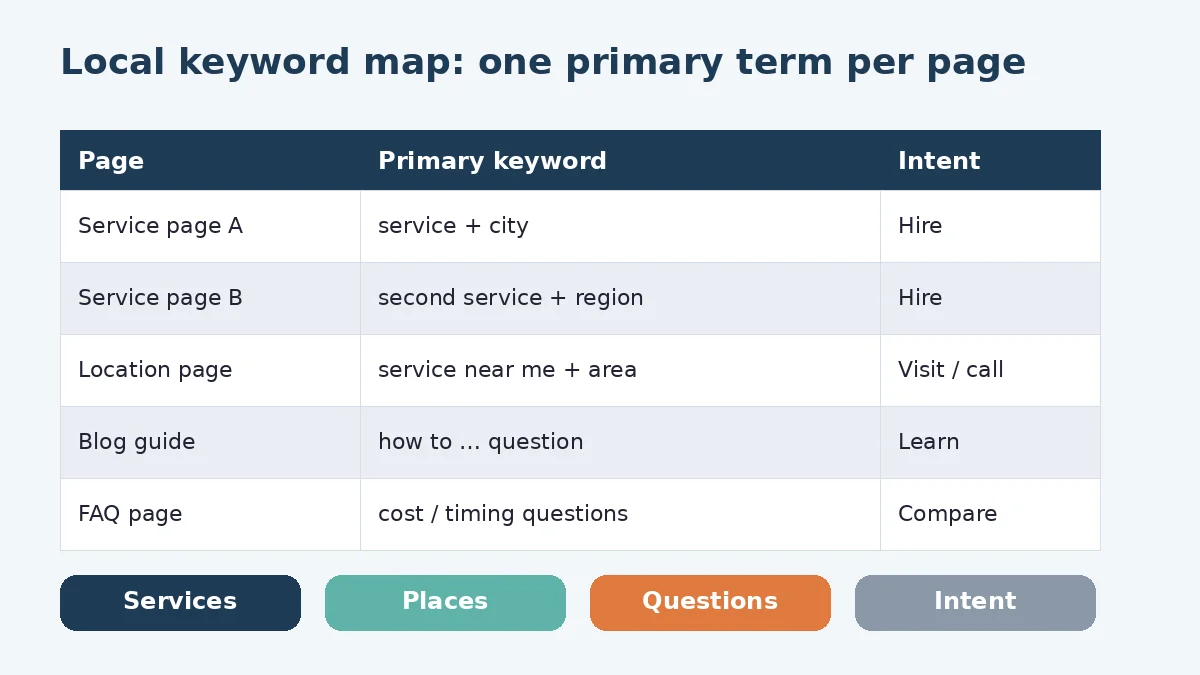 Keyword map table assigning one local primary keyword and search intent to each page
