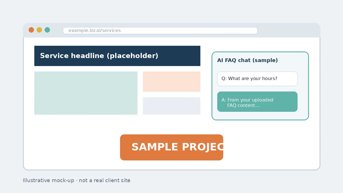 Sample mock-up of a website rebuild with an AI FAQ chatbot (illustrative, not a real client)