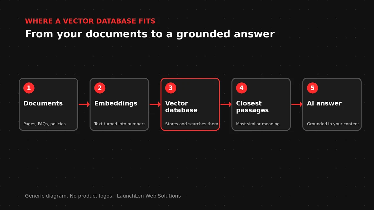 Diagram showing documents turned into embeddings, stored in a vector database and retrieved to help an AI chatbot answer