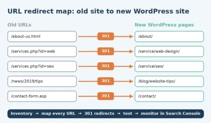 URL redirect map from an old website to a new WordPress site, with 301 redirects
