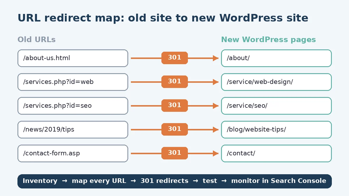 URL redirect map from an old website to a new WordPress site, with 301 redirects